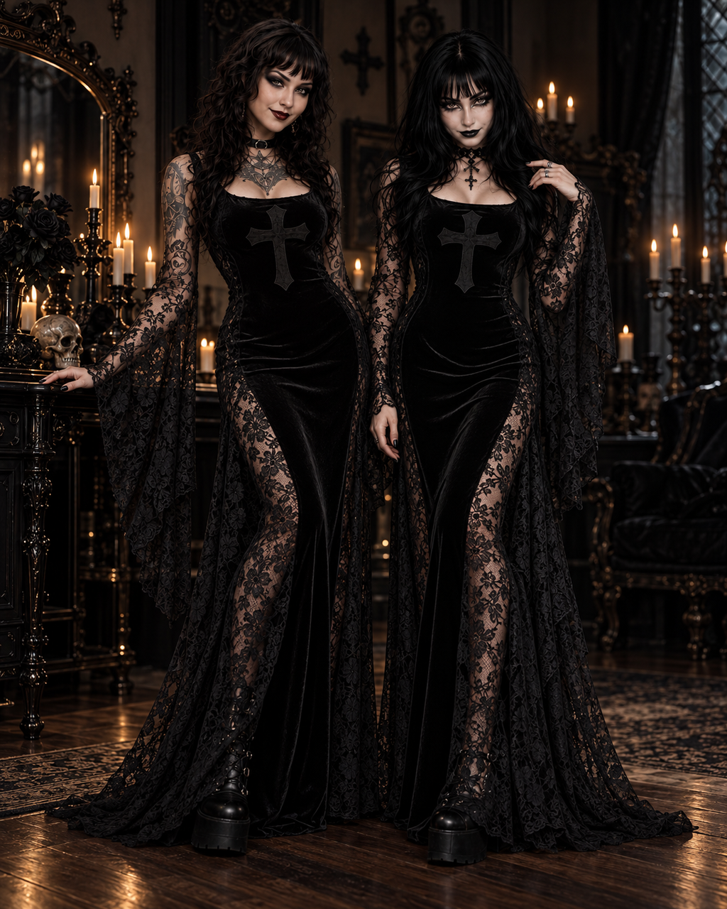 Raven Noir Gothic Velvet Lace Maxi Dress