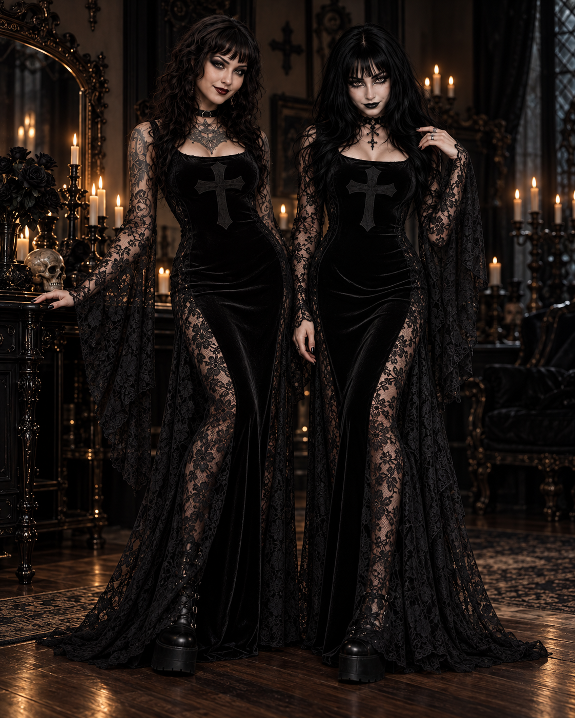 Raven Noir Gothic Velvet Lace Maxi Dress