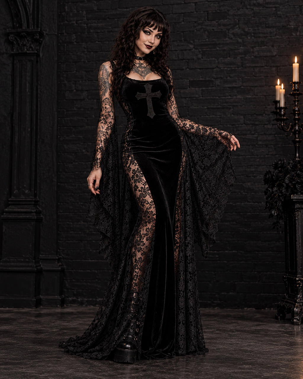 Raven Noir Gothic Velvet Lace Maxi Dress
