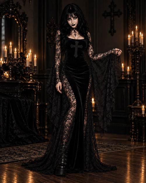 Raven Noir Gothic Velvet Lace Maxi Dress
