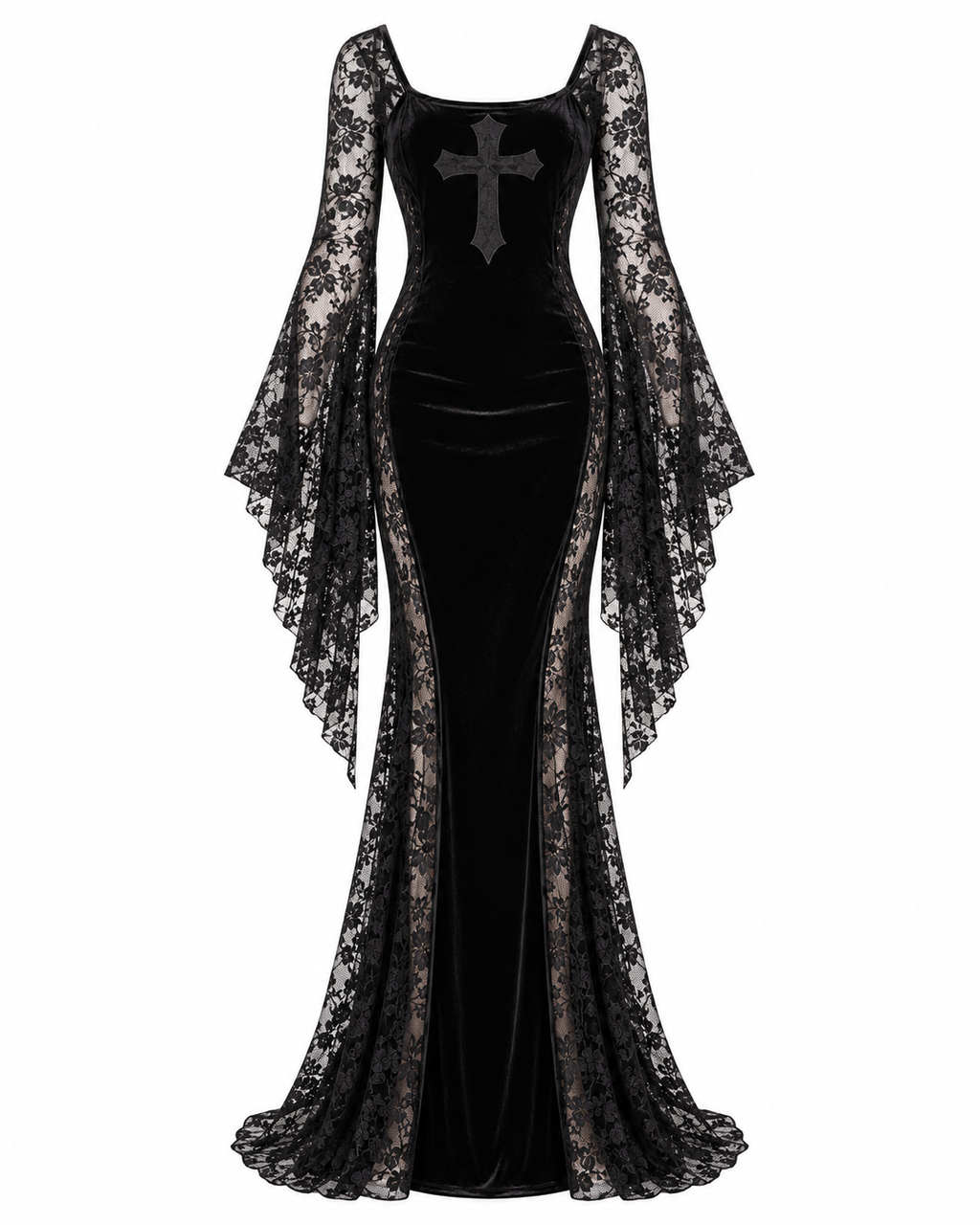 Raven Noir Gothic Velvet Lace Maxi Dress