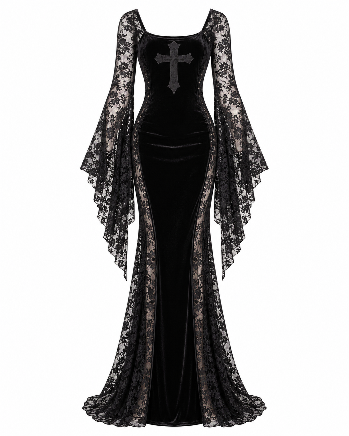 Raven Noir Gothic Velvet Lace Maxi Dress